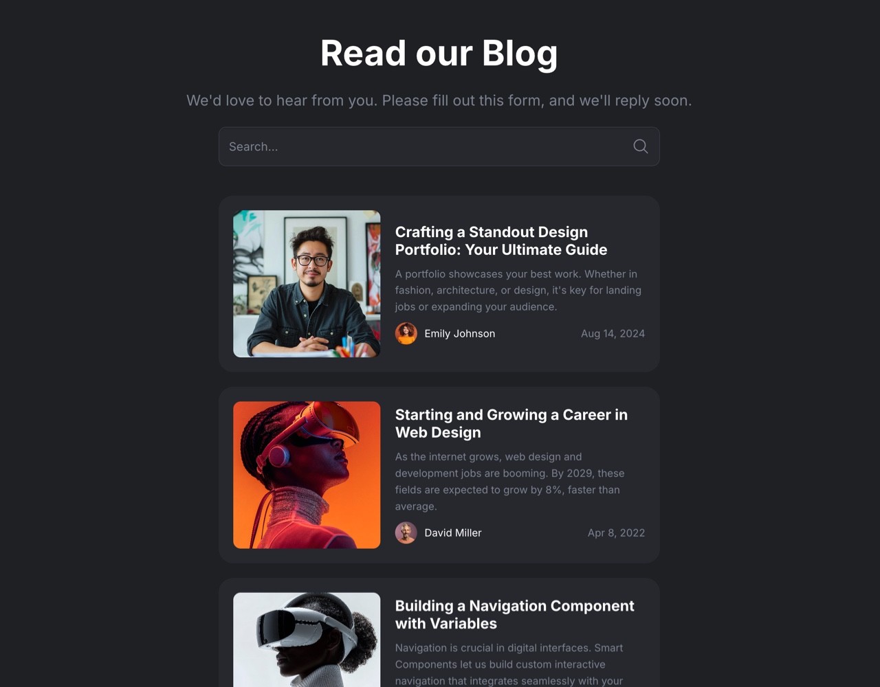 Framer Dark Blog News Section - Frameblox UI