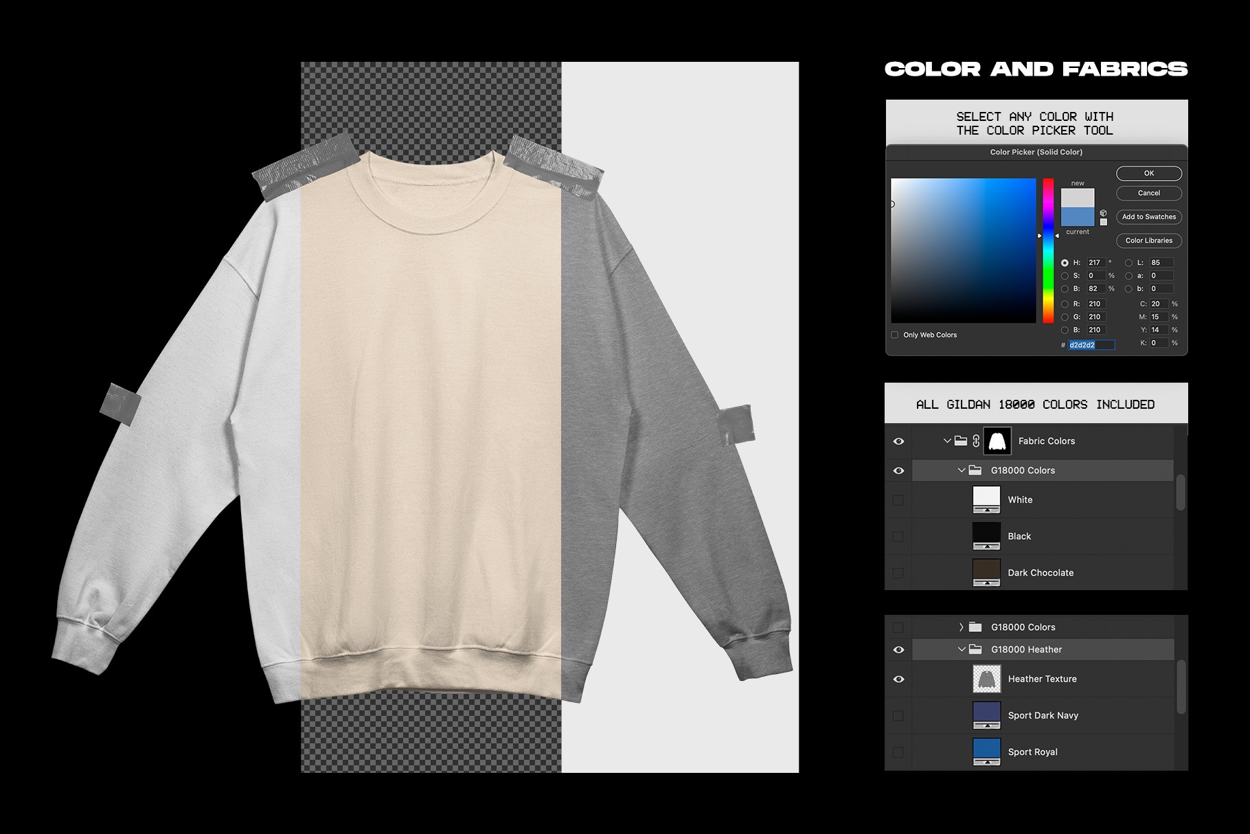 Gildan 18000 Crewneck Taped mockup fabric color options with Photoshop controls