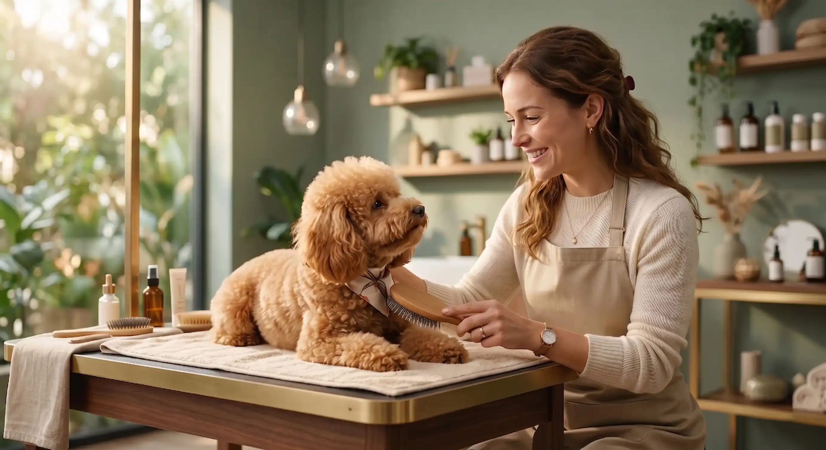 A gentle grooming moment where a dog is being cared for in a calm, pet-friendly environment.