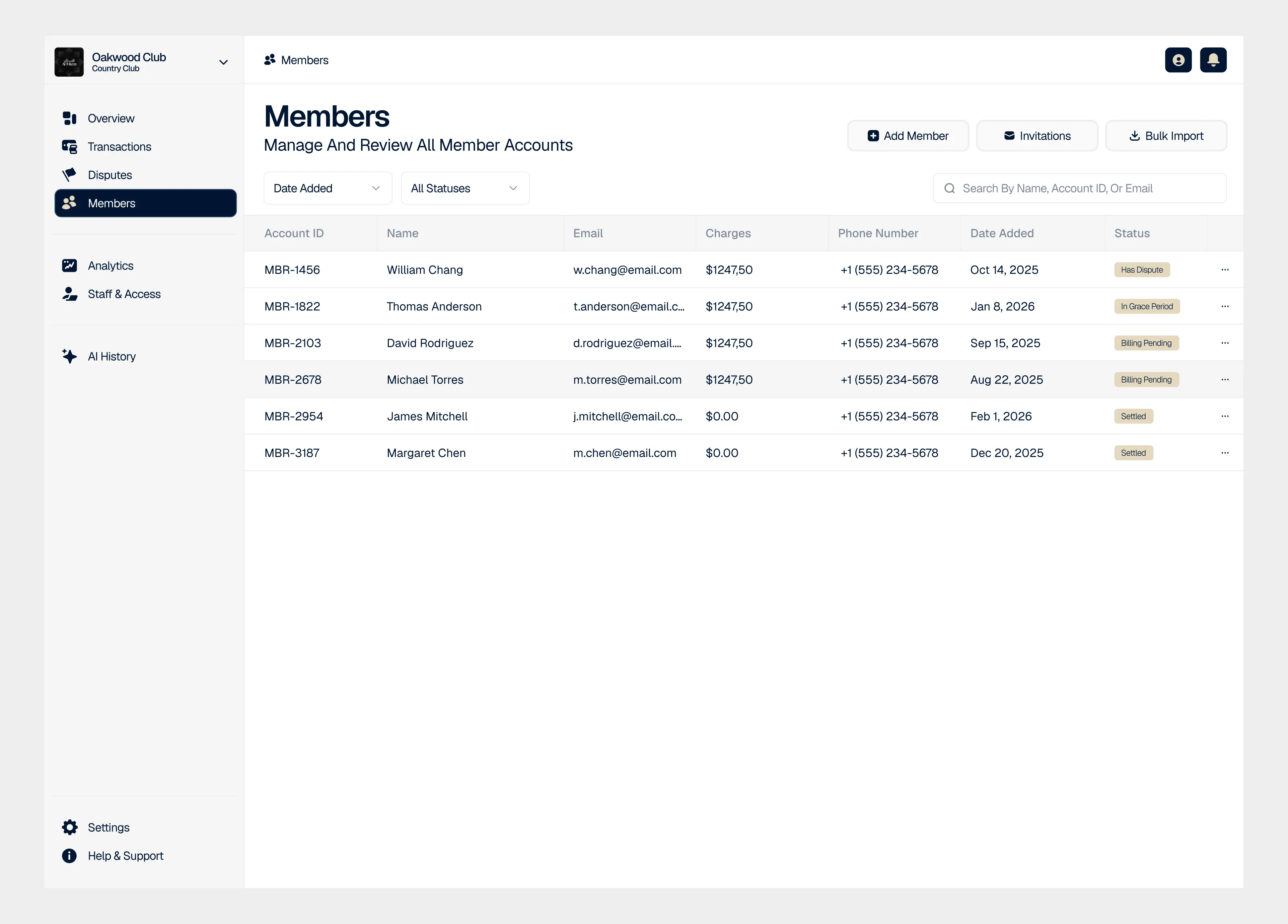 VRYFI NOW management portal member management table displaying member accounts, contact details, and account statuses