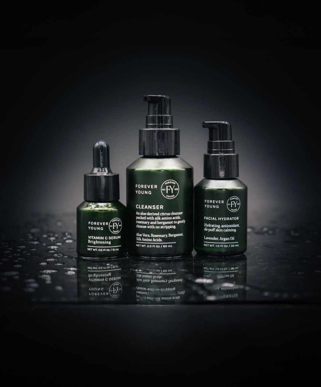  SFY Labs+ Forever Young Routine — complete 3-step skincare kit for men featuring cleanser, serum, and hydrator for healthy, balanced skin.