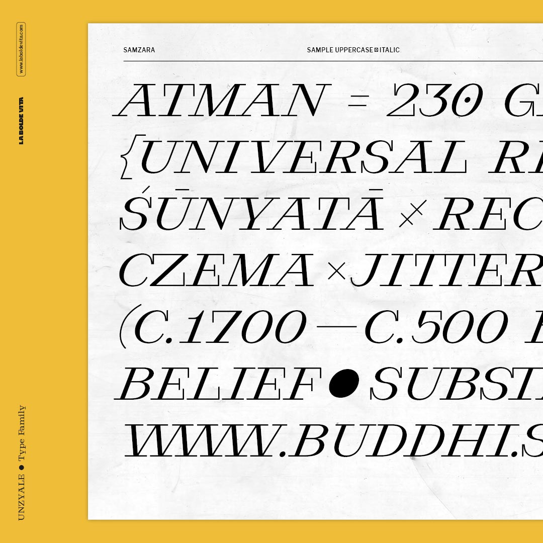 detail of a specimen page of Samzara Italic in all uppercase on a yellow background