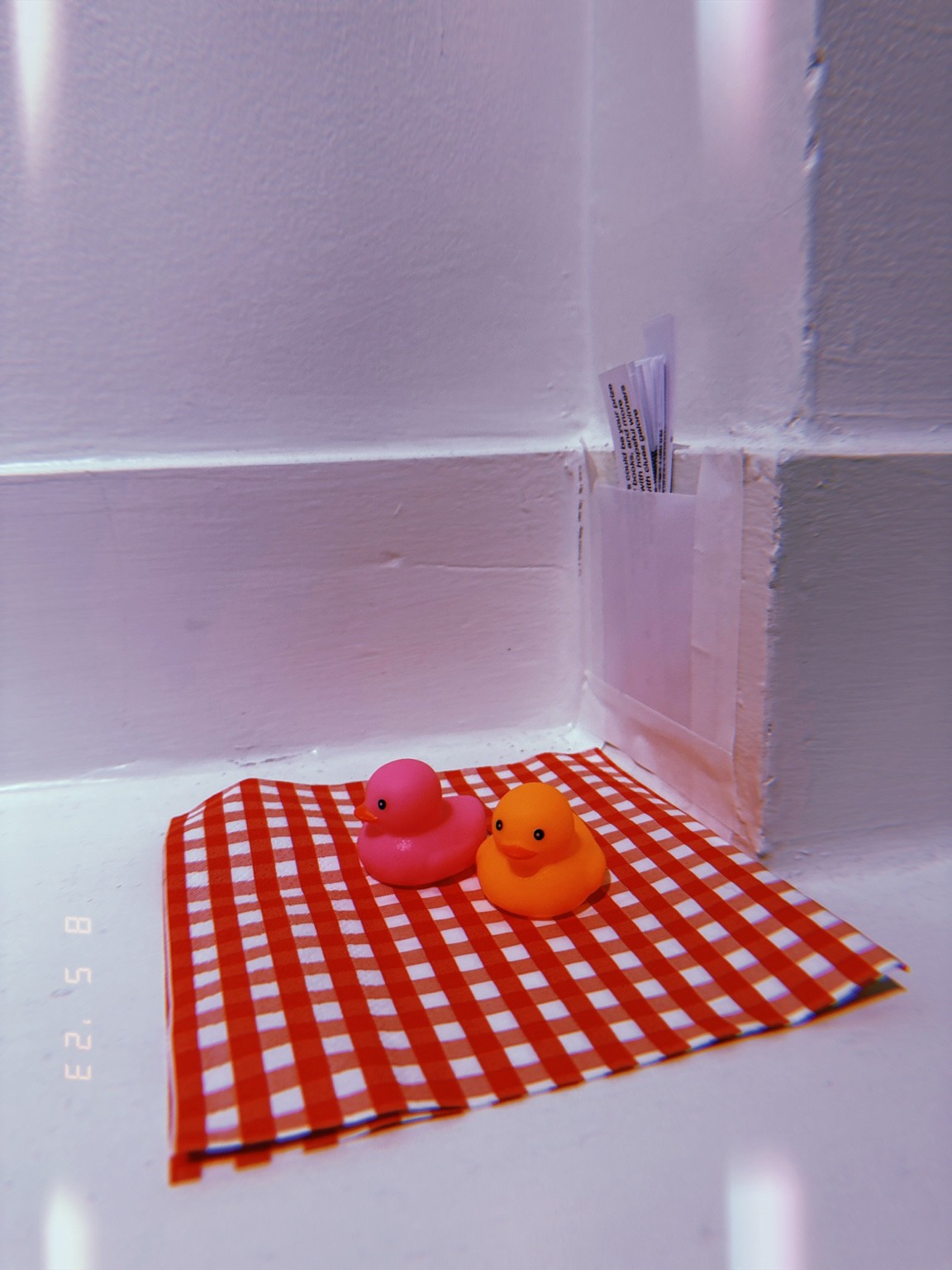 Pink and orange rubber ducks sit on red and white gingham in a pale wall niche.