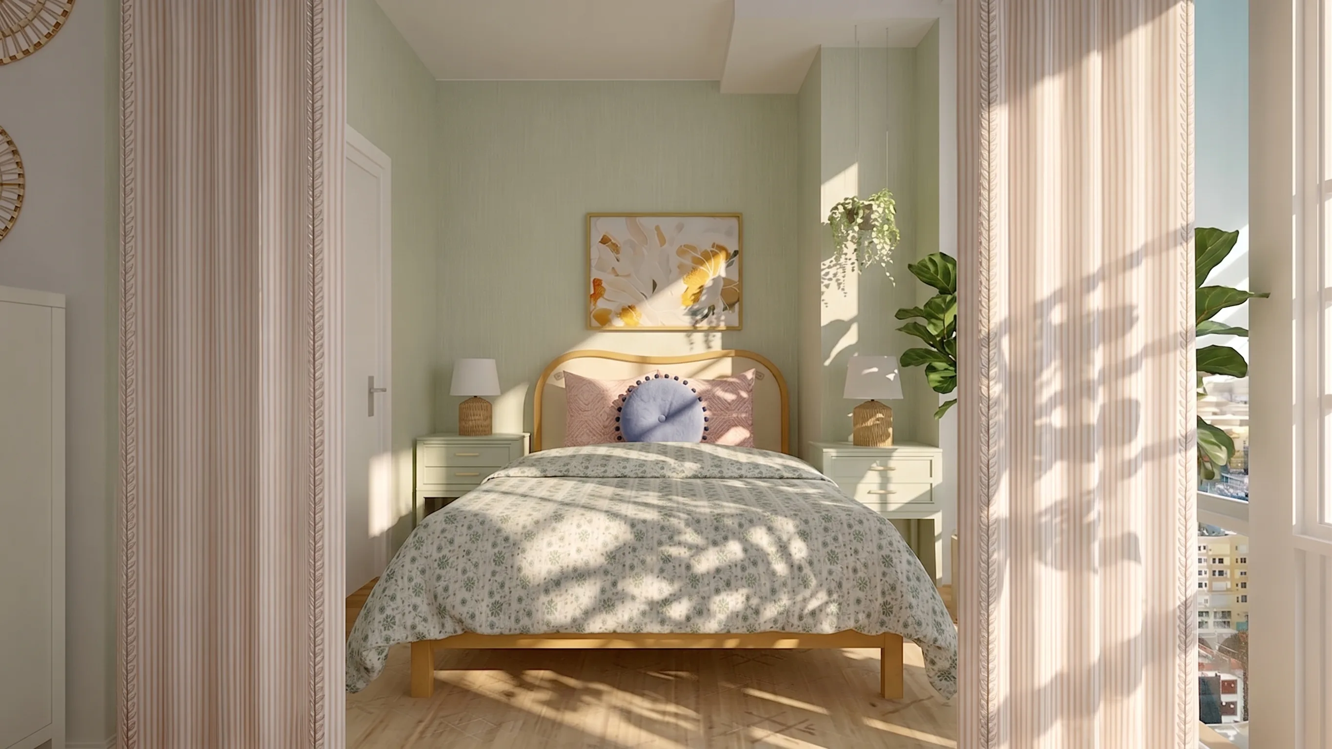 A cozy bedroom with sage green walls, a light wood bed with floral bedding, and matching green nightstands, viewed through a curtained doorway.