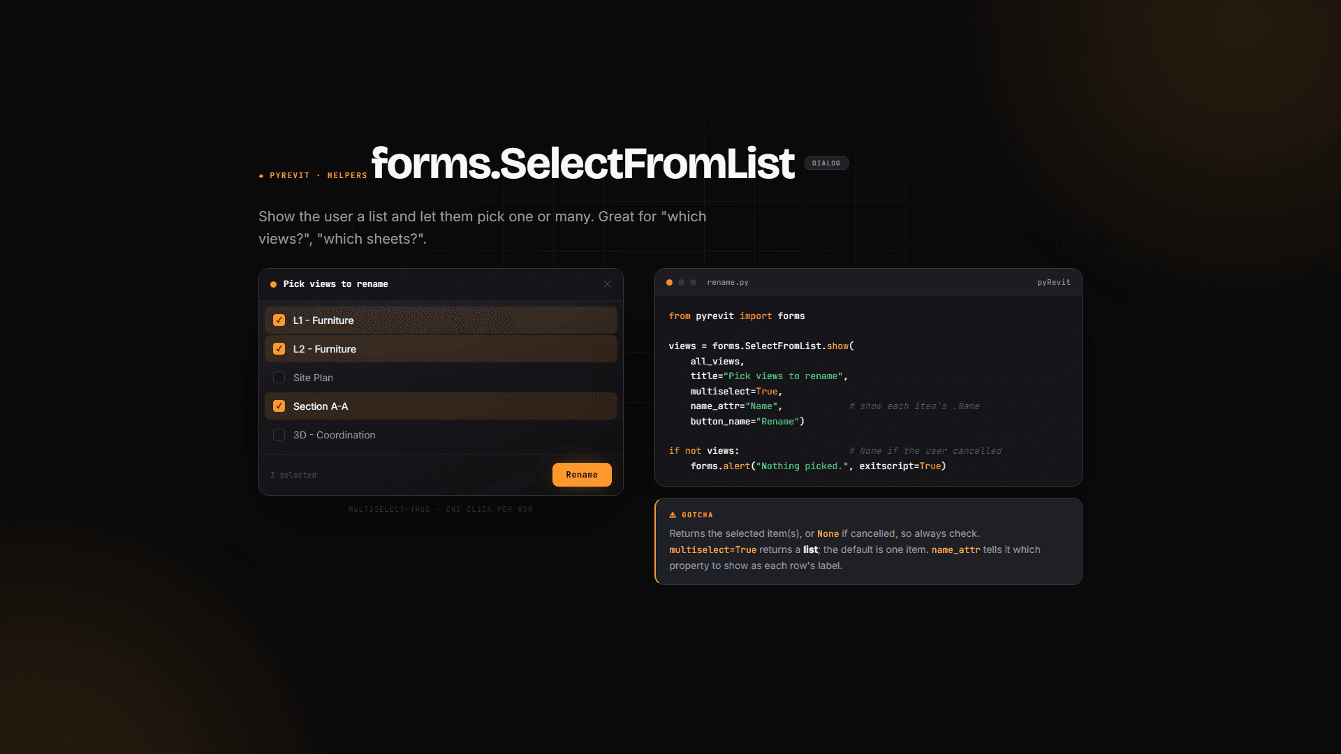 forms.SelectFromList: show the user a list and let them pick - dialog mockup plus code and gotcha