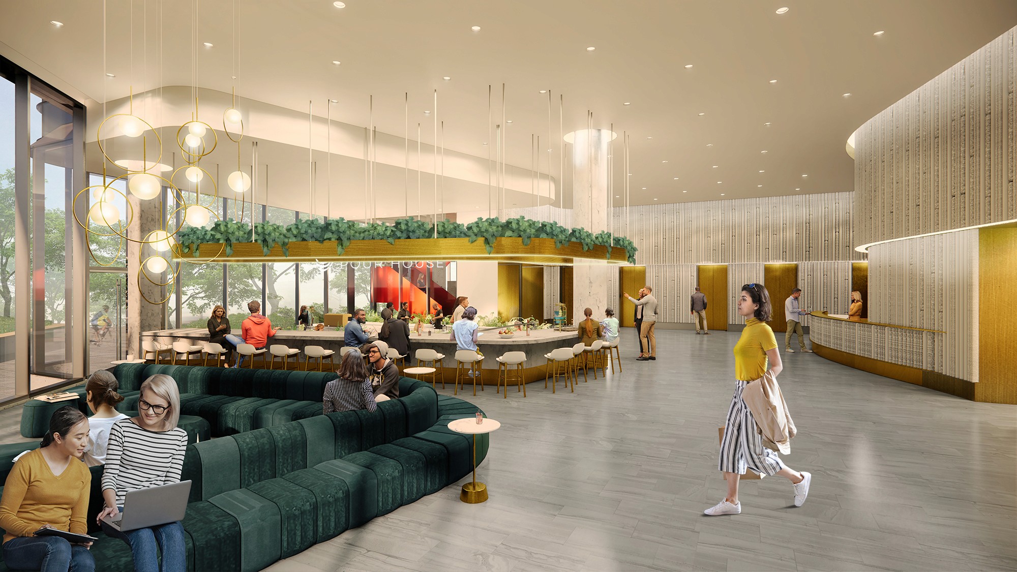 Interior lobby view from the main entrance, featuring a cozy teal sofa, a sleek curved counter adorned with hanging plants, and textured, curved walls that guide visitors toward the elevators.