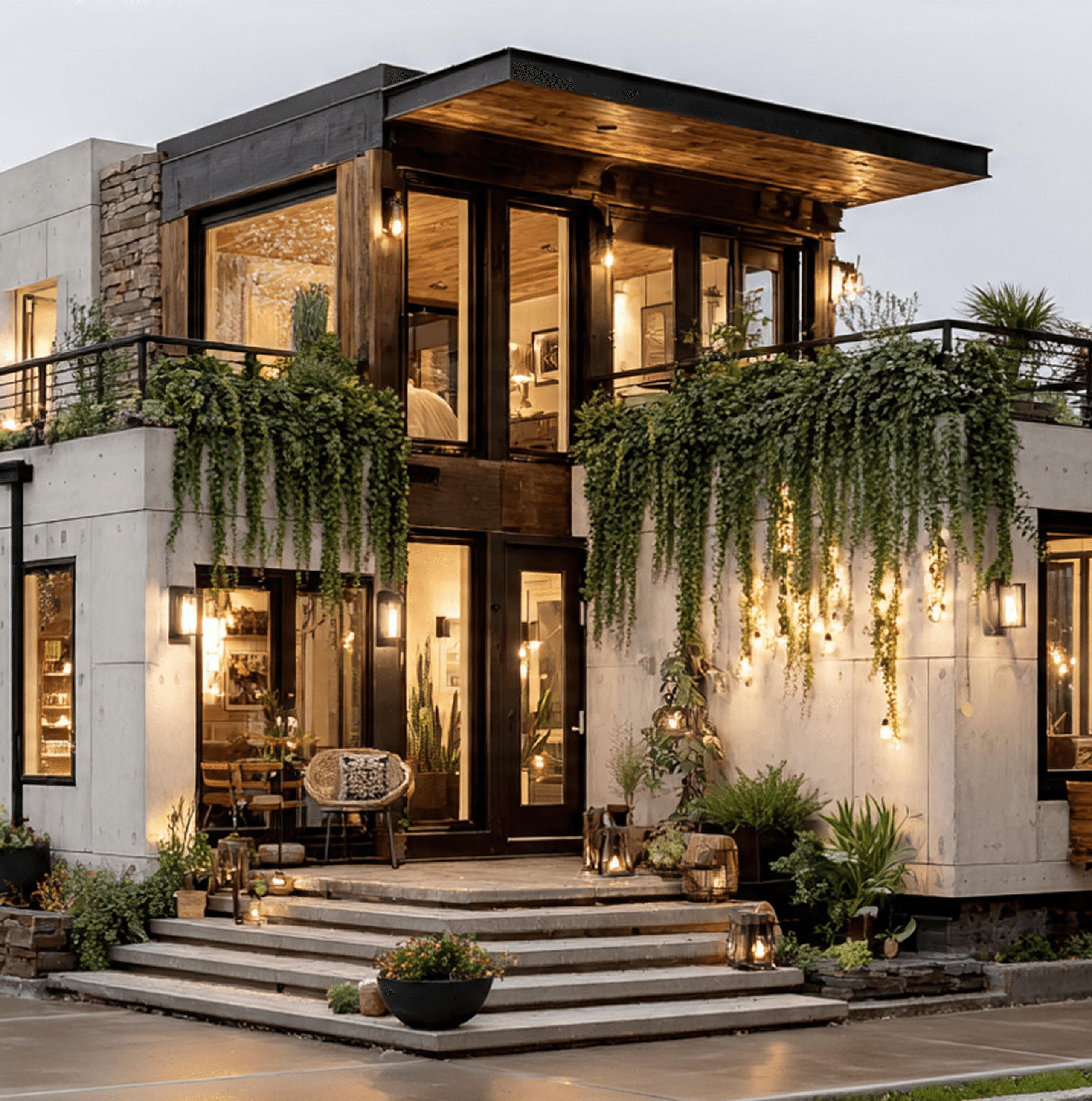 Modern eco-friendly house with hanging plants and warm lighting.