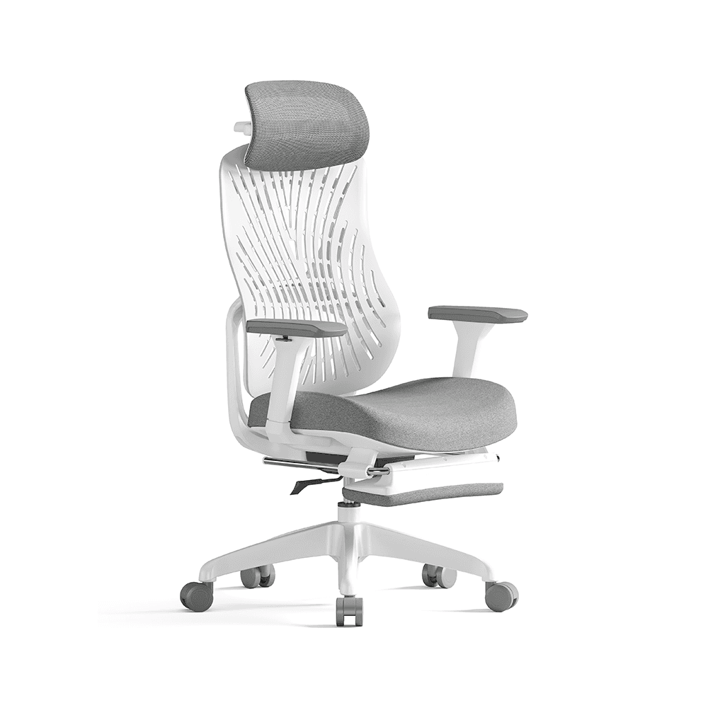 High-back 872A executive task chair by TCHOD with a white frame, grey fabric seat, and a flexible TPE elastic backrest. Includes a padded headrest and retractable leg rest for ergonomic reclining.