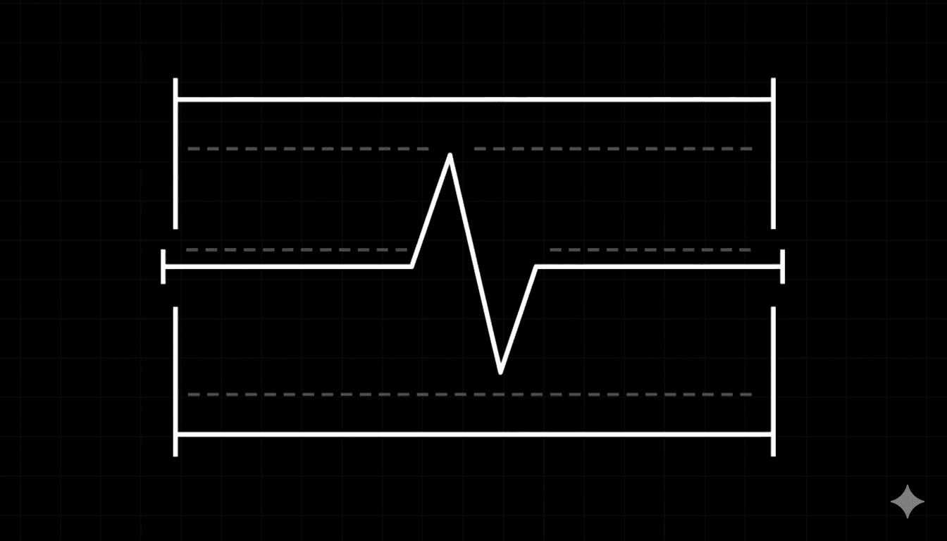 Abstract measurement graph with a single waveform curve inside a bordered panel, dashed threshold lines and vertical measurement brackets on a dark background, representing evaluation scoring