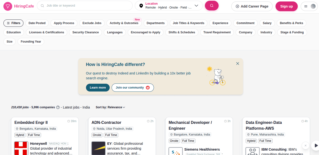 HiringCafe homepage showing the filter row and its banner about building a better job search engine than Indeed and LinkedIn