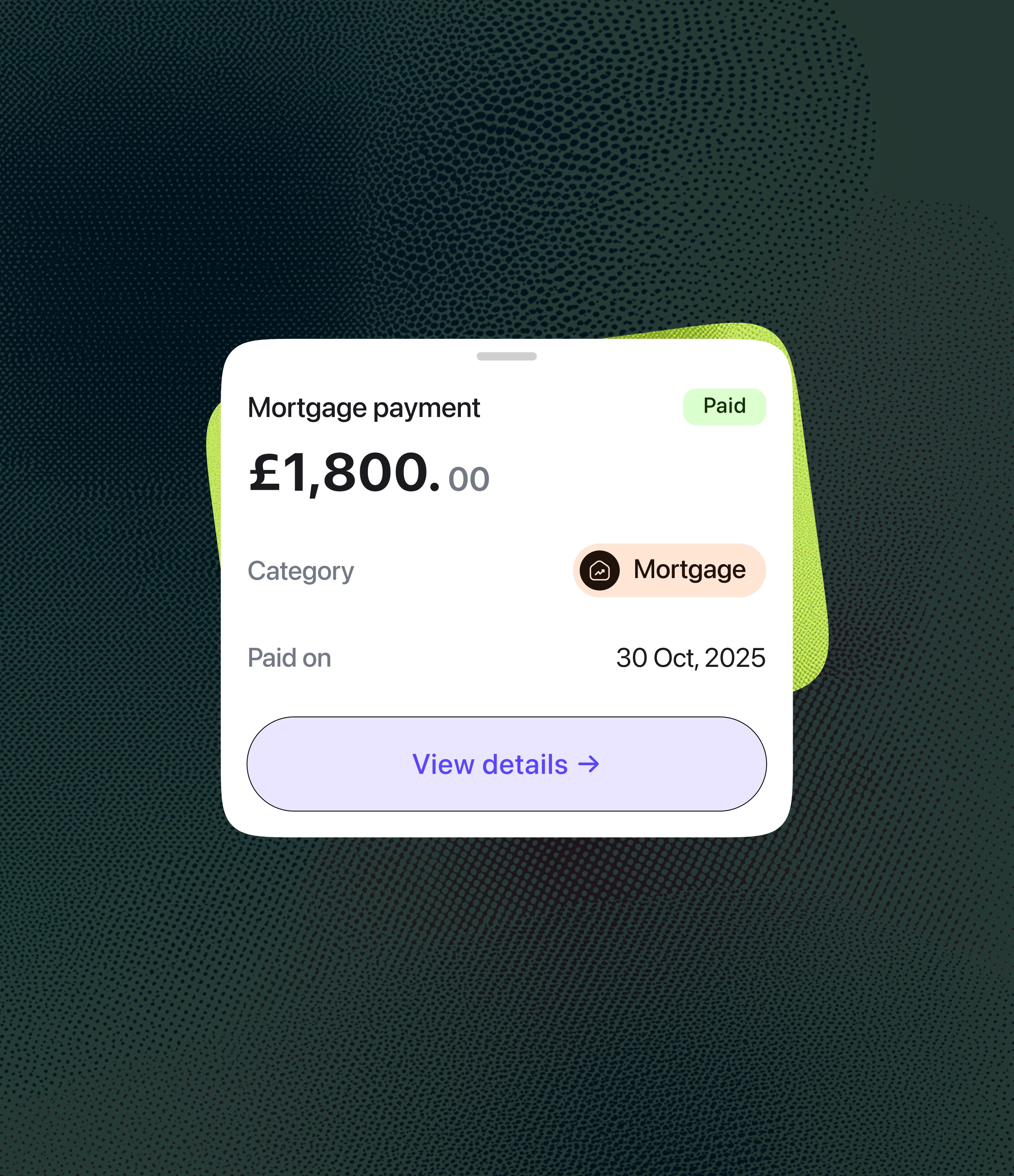 Mortgage payment record in August showing £1,800 expense with category label and payment date