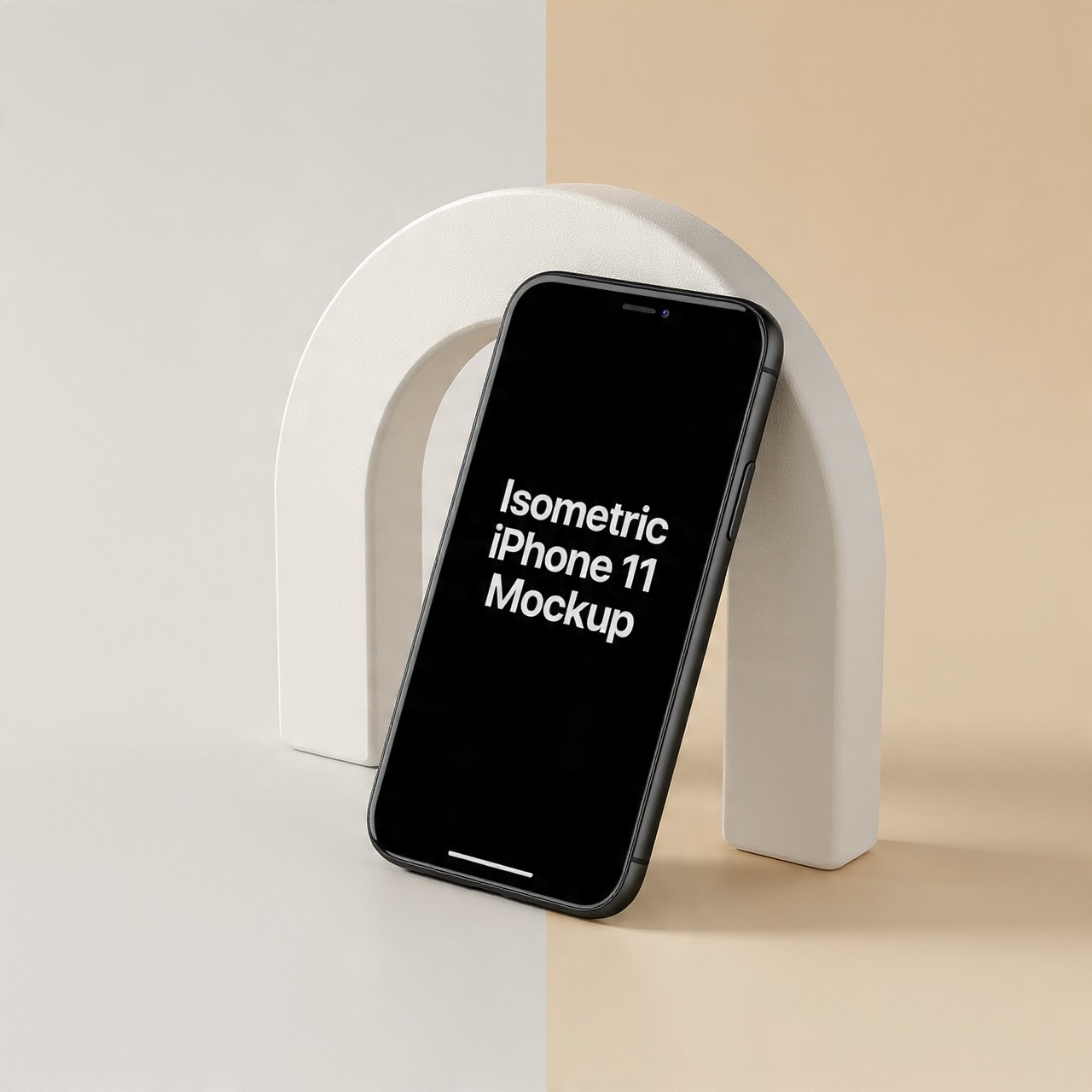 Black iPhone 11 mockup leaning against a white arch on beige.