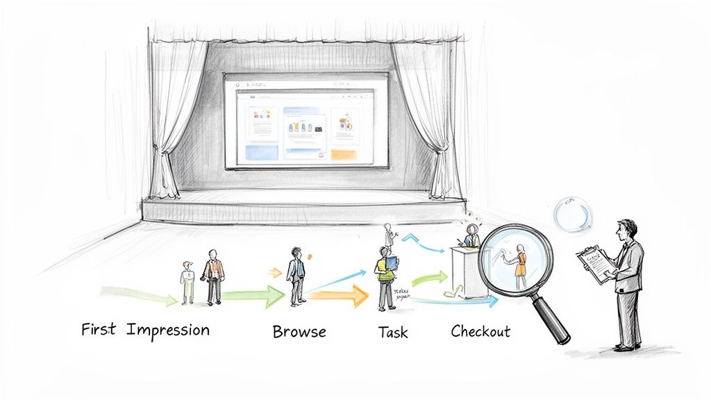 A hand-drawn sketch illustrating a customer experience (CX) testing user journey, from first impression to checkout, observed by a researcher.