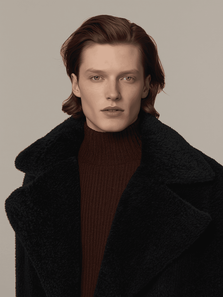 A person with medium-length brown hair wearing a dark, textured coat and a burgundy turtleneck. They have a calm, neutral expression.