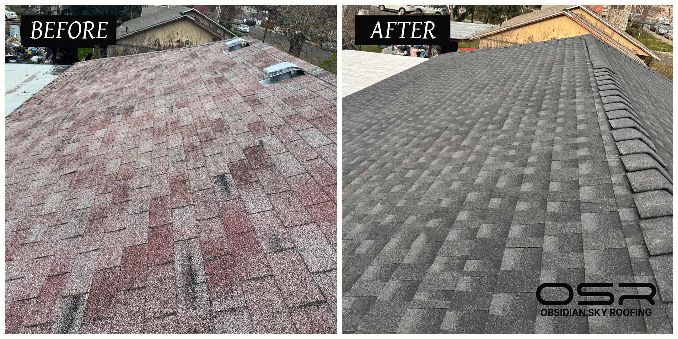 Before & After photo of residental roof replacement in Grants Pass, Oregon