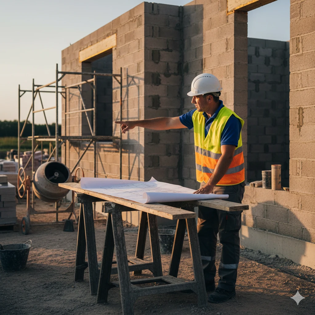 Conducteur de travaux consultant les plans sur un chantier de construction de maison