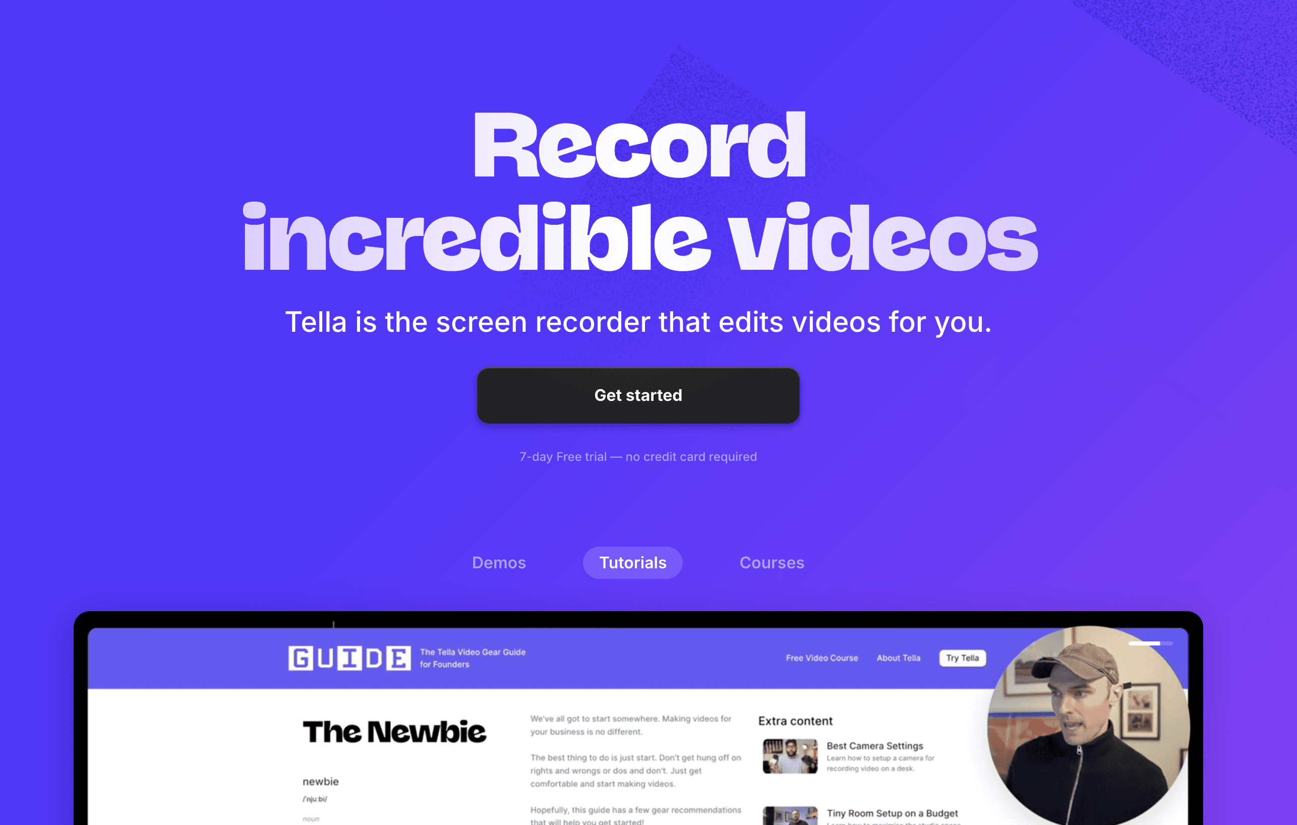 Screenshot of the Tella homepage. Tella is a screen recording app for Mac as a productivity app. 