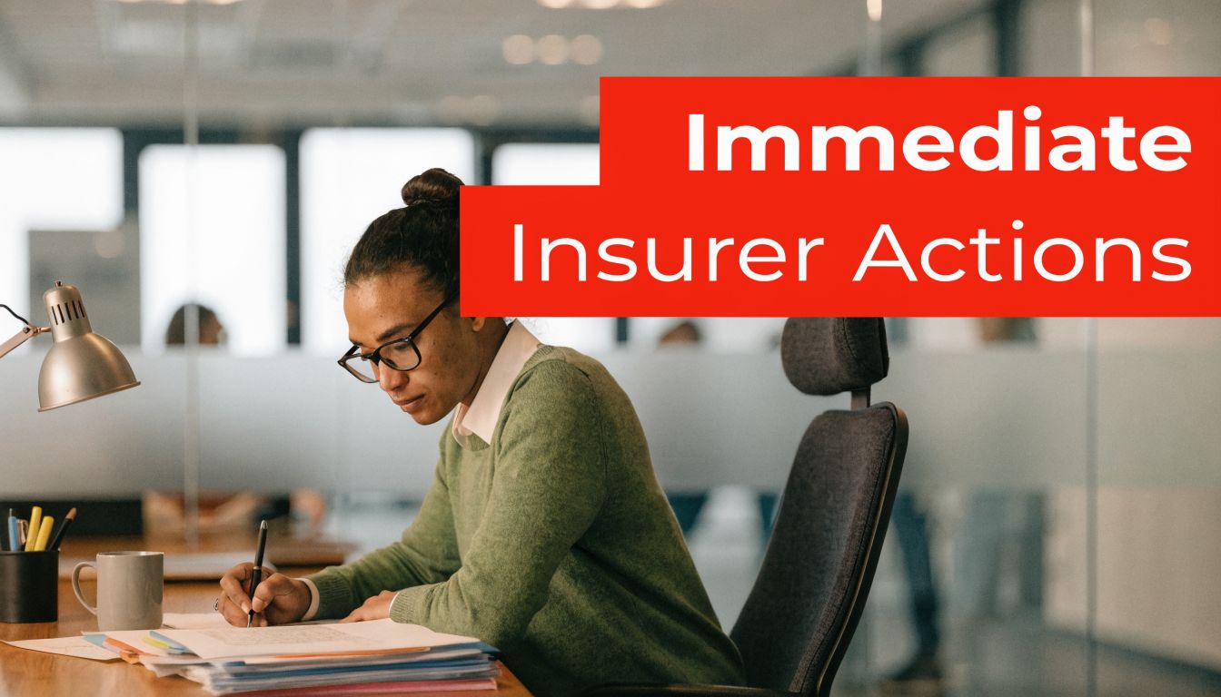 A professional woman wearing glasses writing in a document at her desk in a modern office.