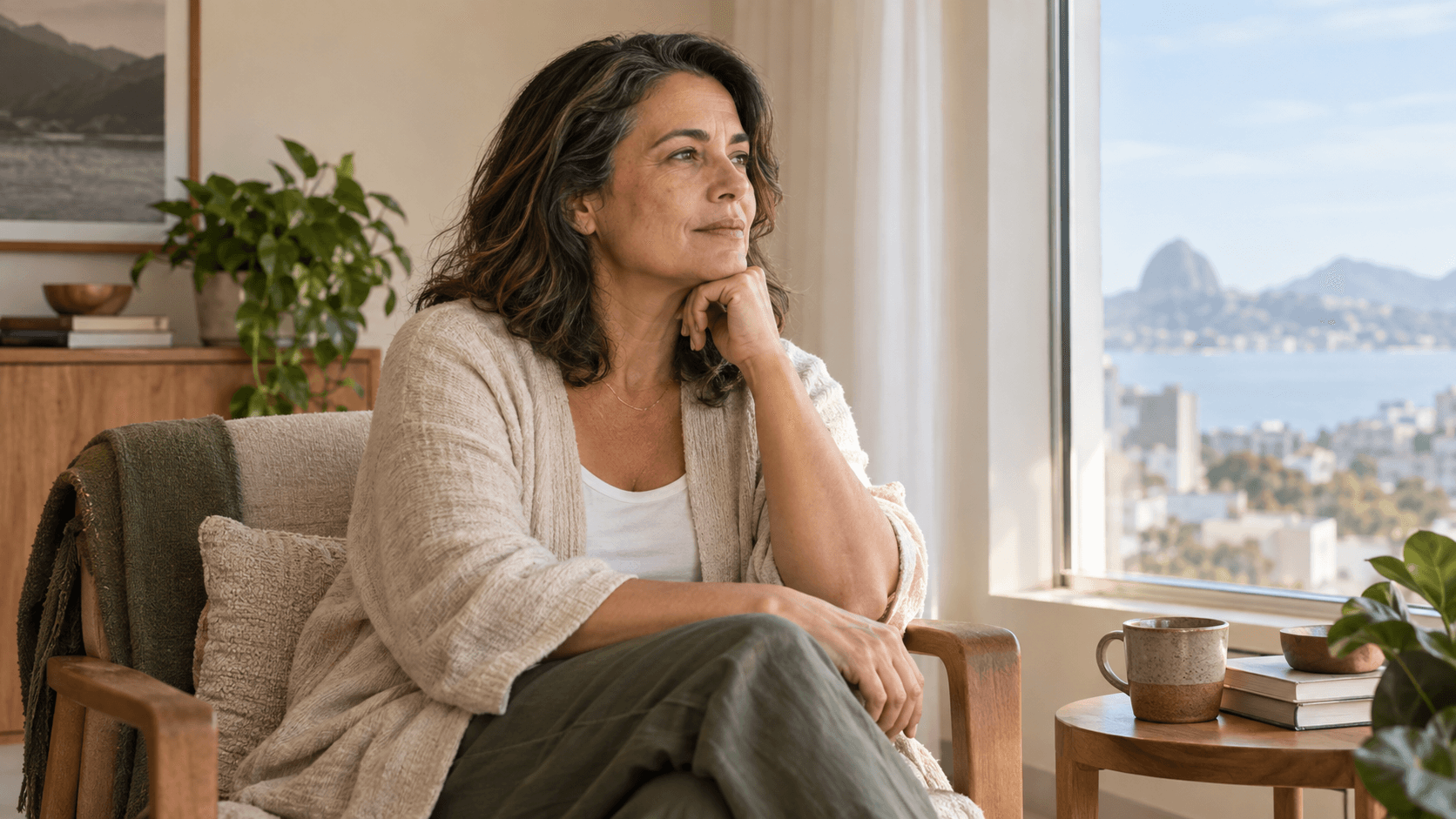 Mulher adulta sentada perto de uma janela em um momento tranquilo de reflexão, representando o cuidado com a saúde mental durante a menopausa.
