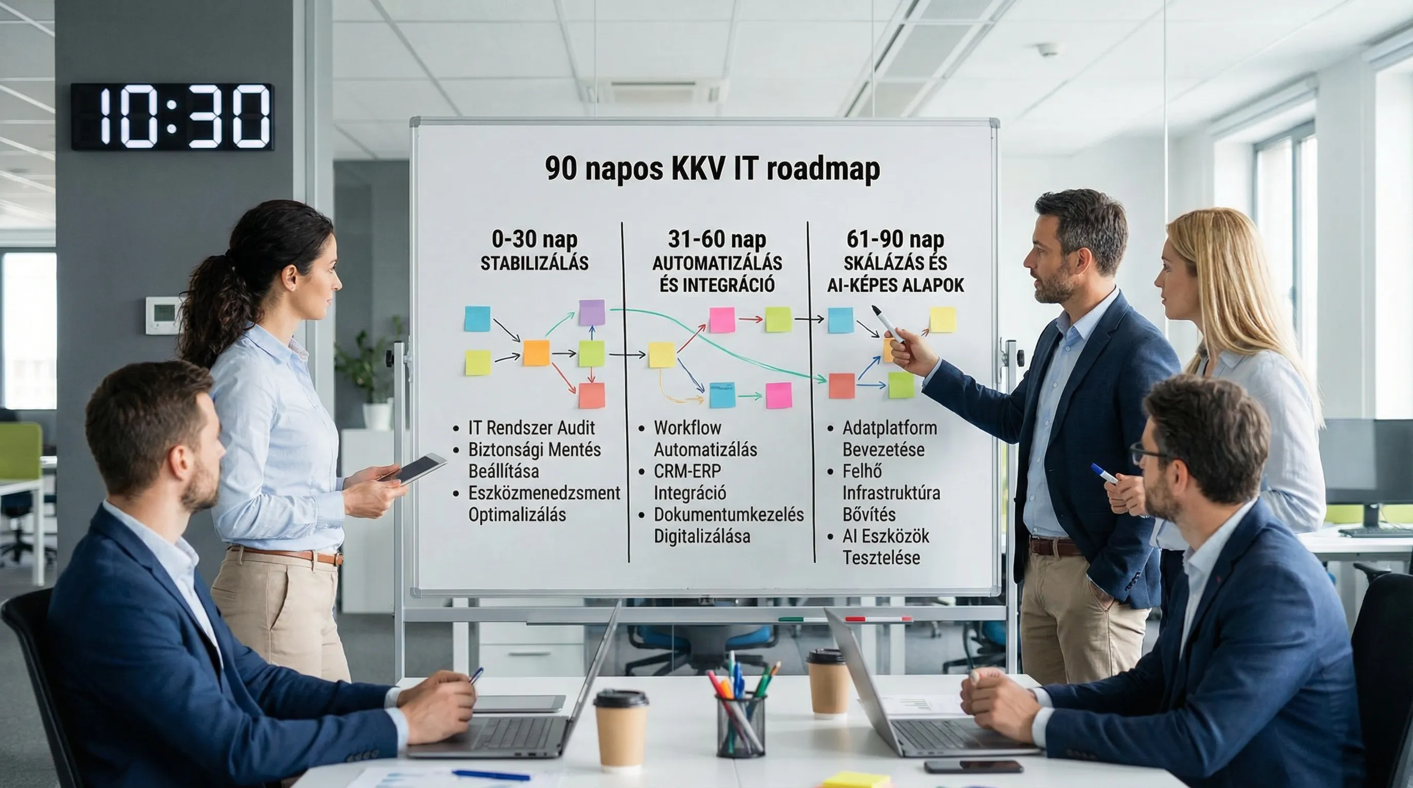 90-day SME IT roadmap timeline: 0-30 days stabilization, 31-60 days automation and integration, 61-90 days scaling and AI-enabled foundations, with 3-3 specific example tasks for each phase.