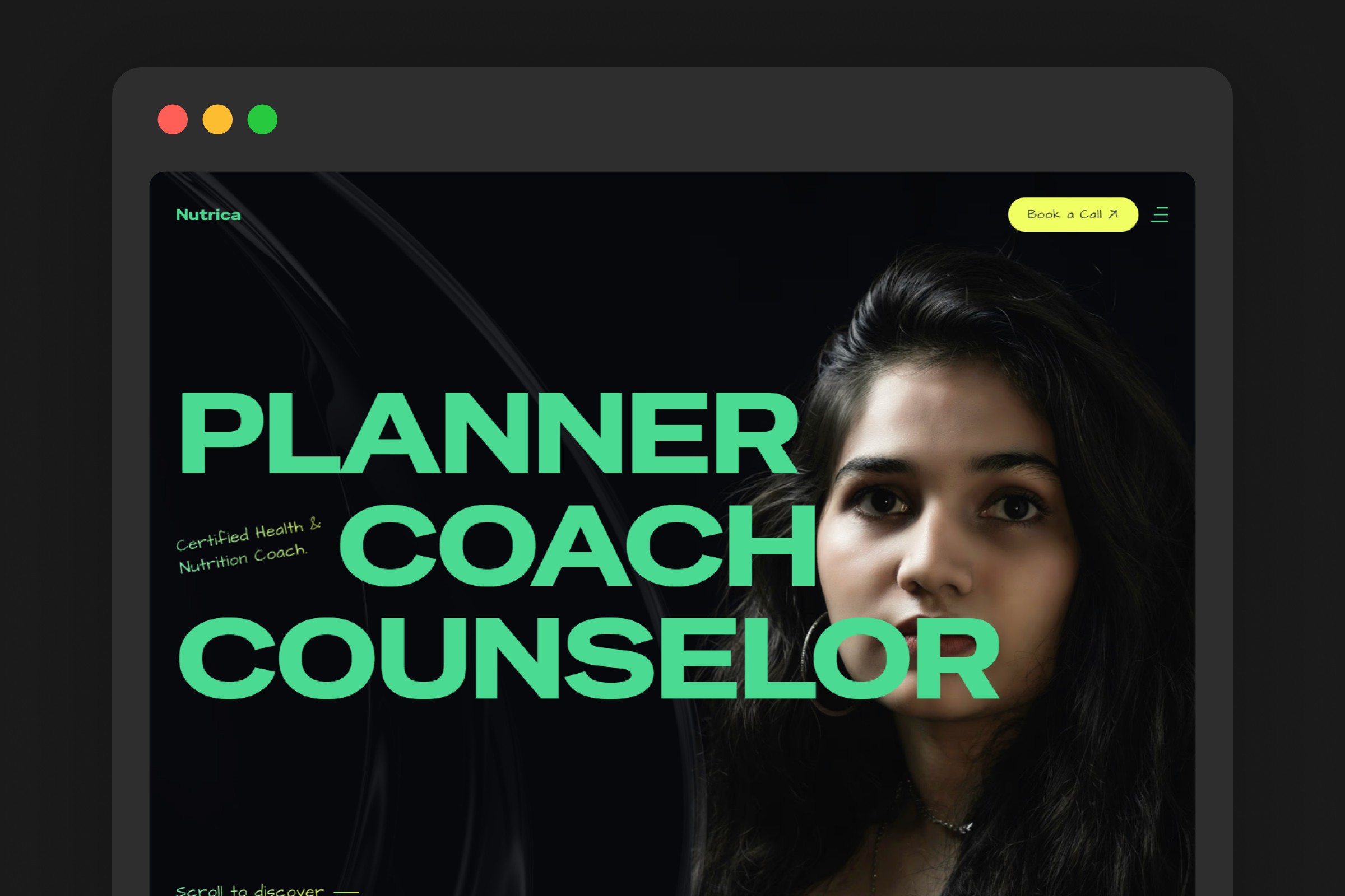 Nutrica Framer template hero section — bold green "Planner Coach Counselor" typography overlaid on a woman's portrait, dark animated design
