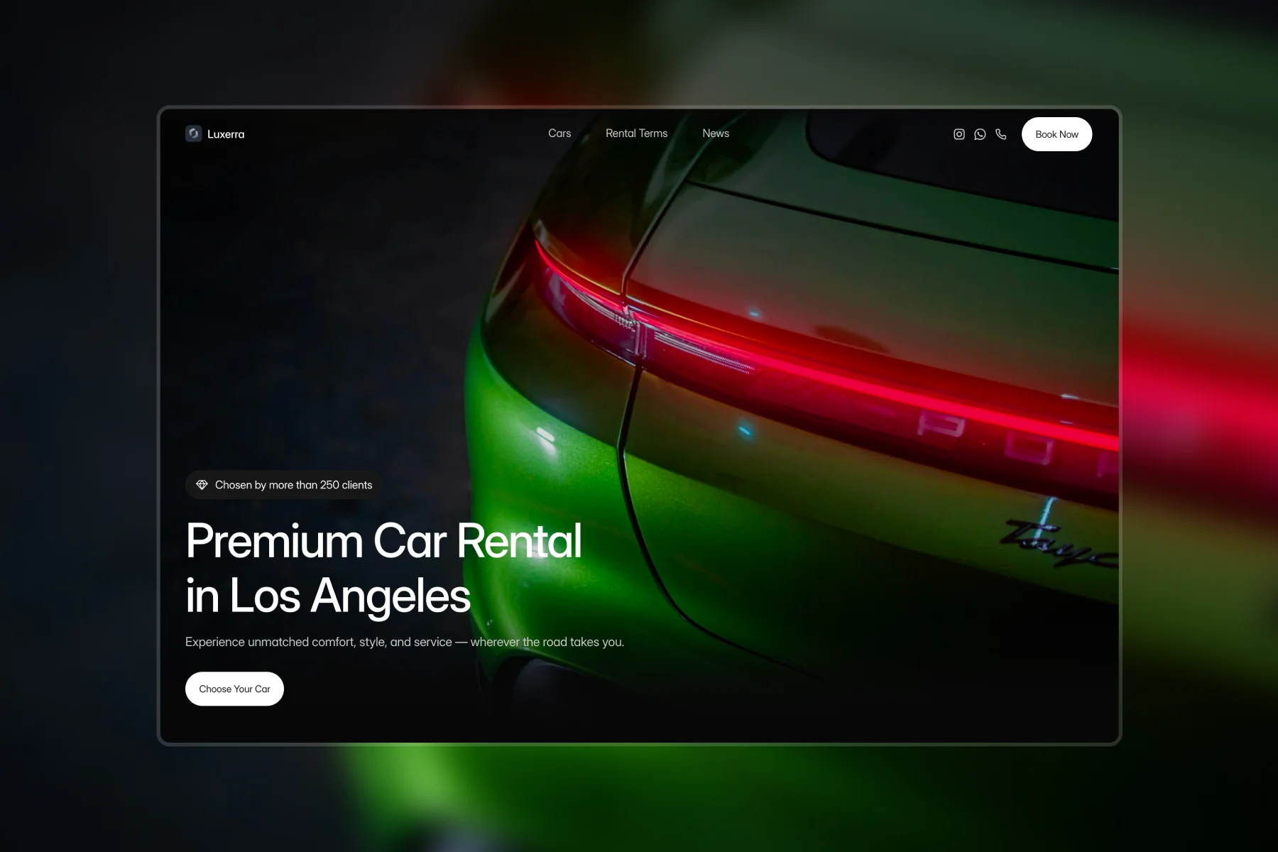 Car rental website template homepage with structured vehicle layout, clear navigation, and visible booking button.
