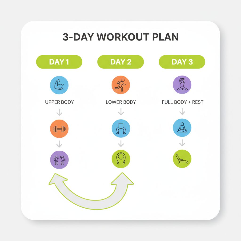 3-day beginner gym workout schedule with exercise icons and progression