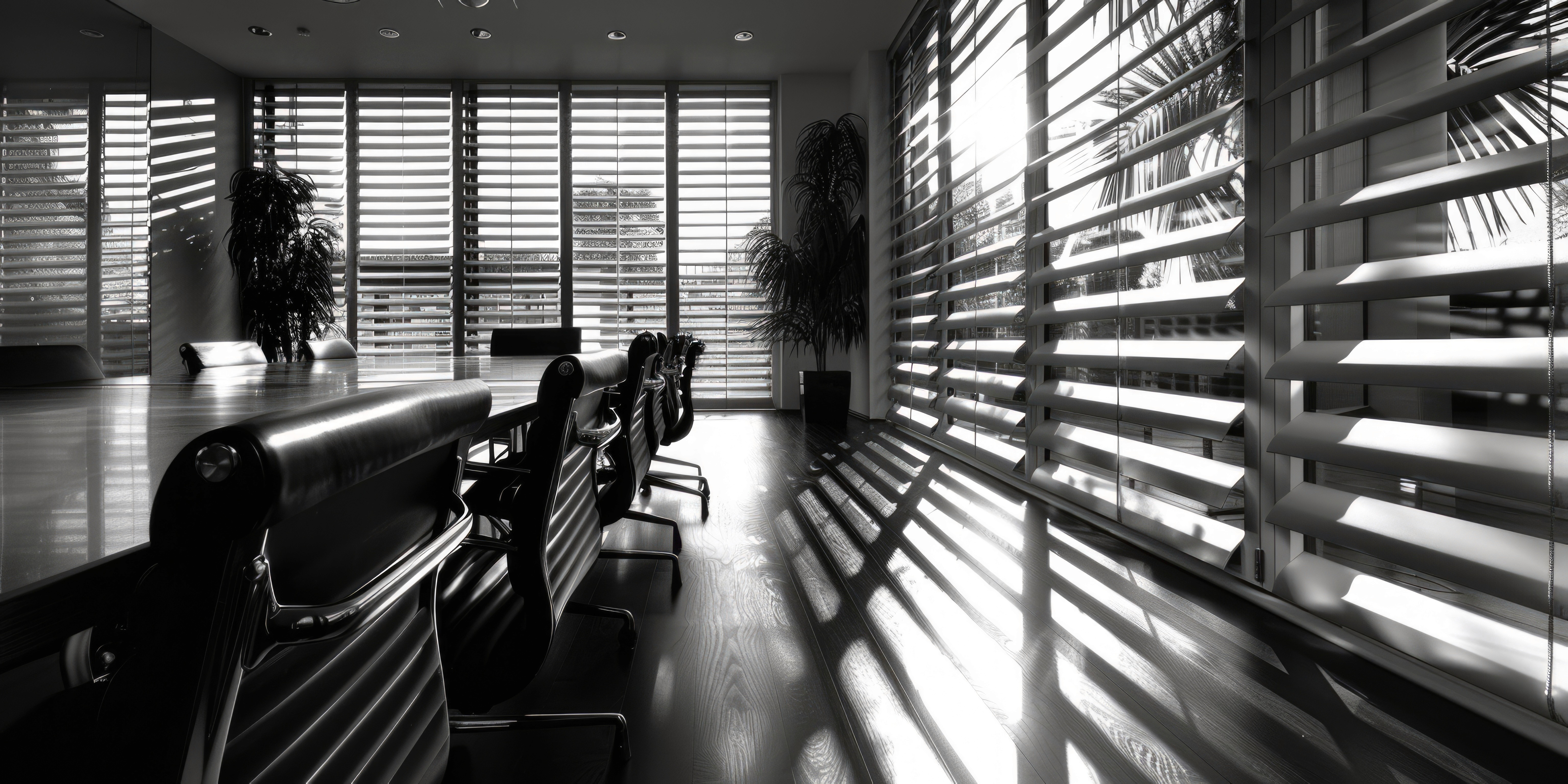 Black and white image of a modern office space.