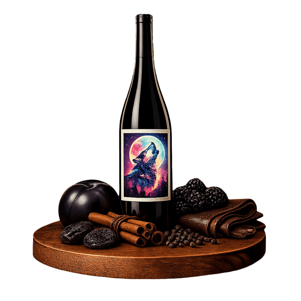 Artistic label and flavor profile for Romanian Feteasca Neagra on a rustic wooden table.
