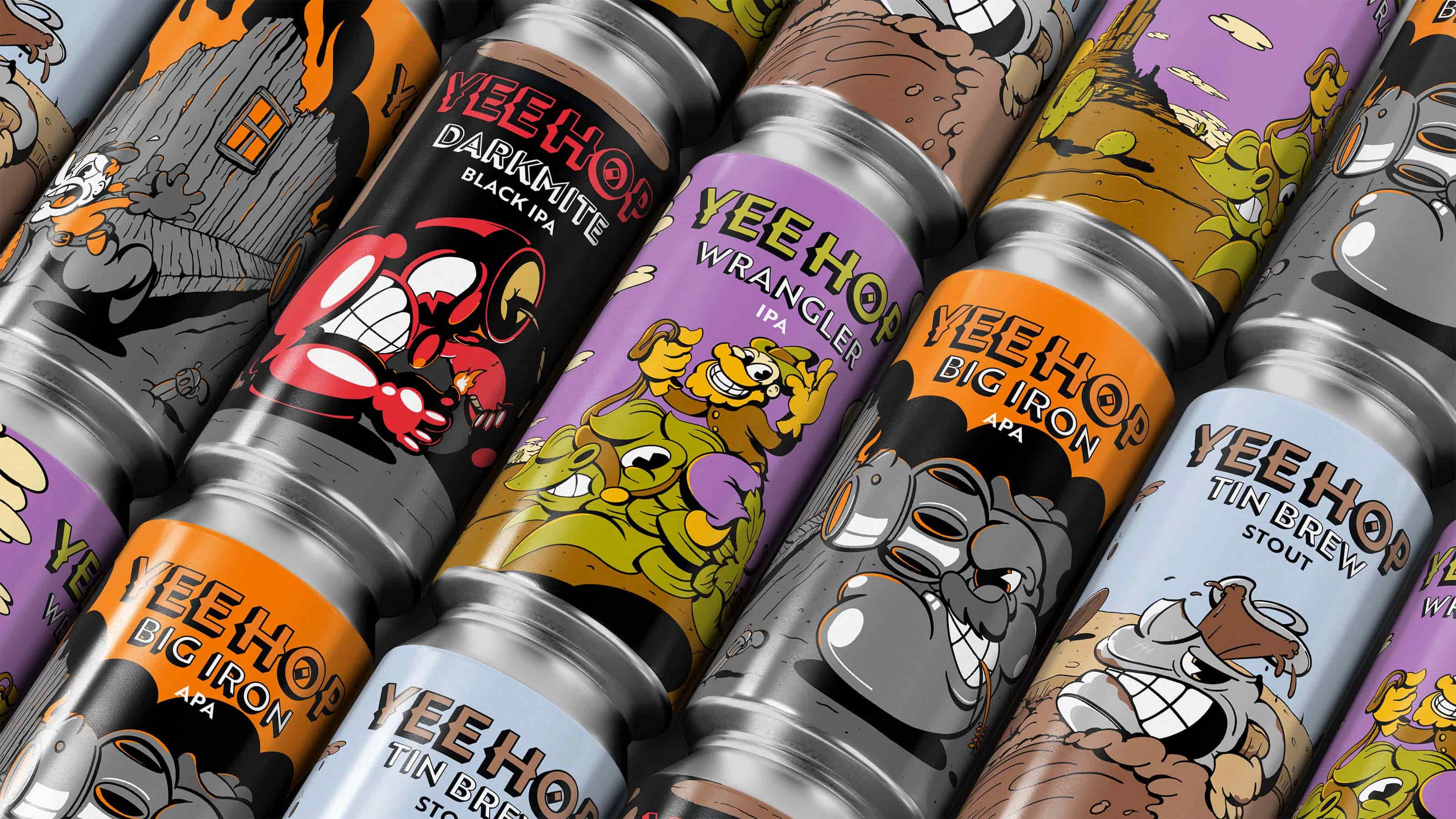 Rows of YeeHop craft beer cans showing the full collection, featuring a colorful Wild West cartoon style for the visual branding.