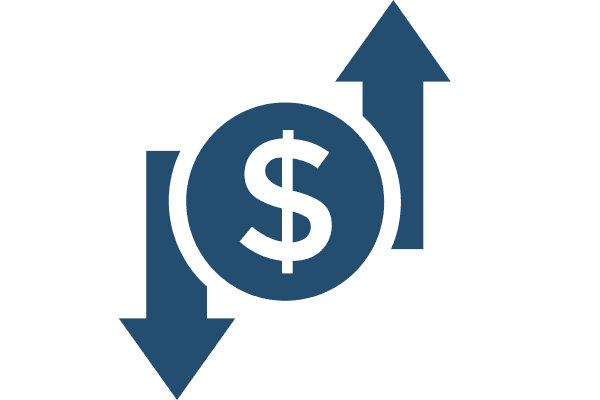 icon of a dollar sign with an arrow pointing up and an arrow pointing down