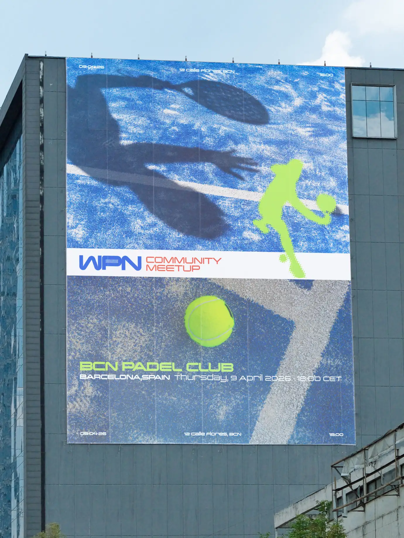 World Padel Network — Large building banner featuring WPN graphic with padel player — Architectural-scale branding