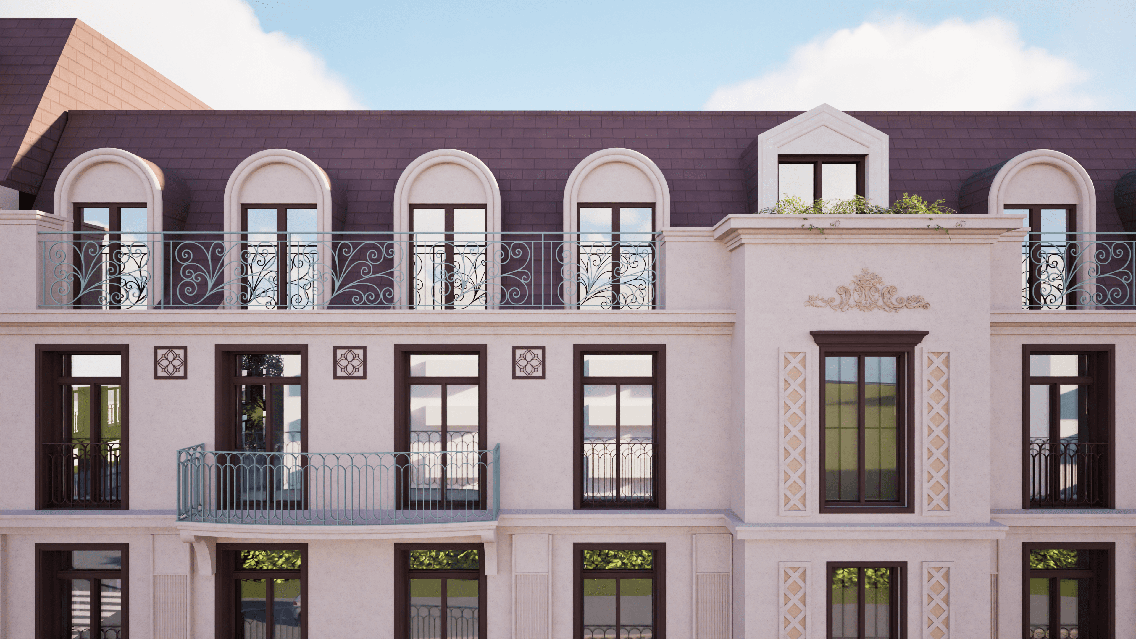 Fasade av HasleHaven med balkonger og grønne planter sett i kveldslys