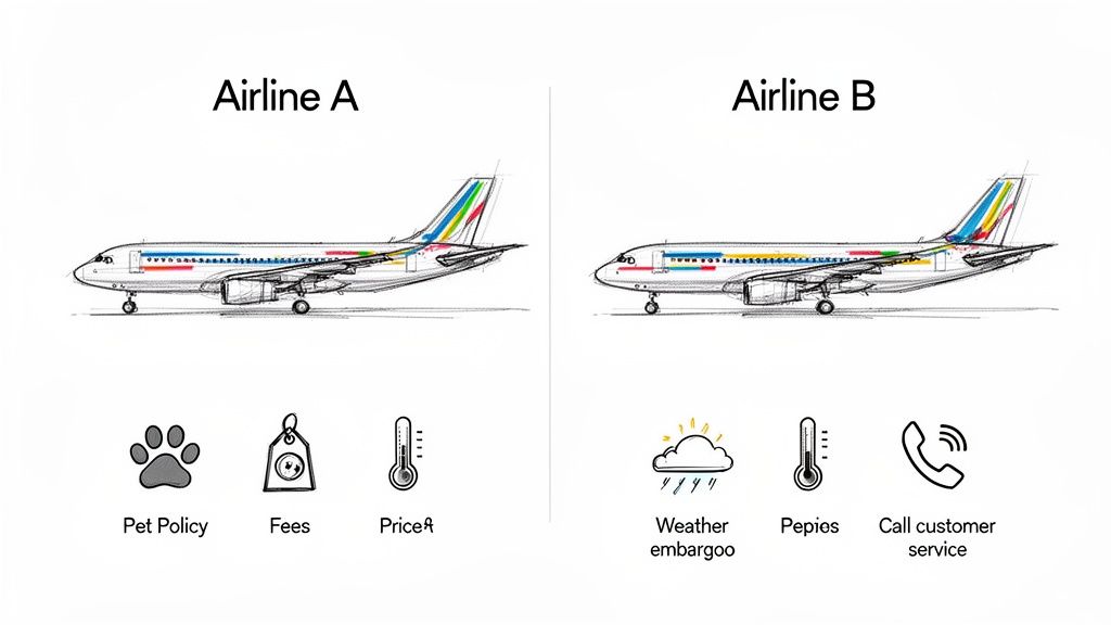 Comparison of Airline A and Airline B, highlighting policies like pet policy, fees, prices, weather, and customer service.