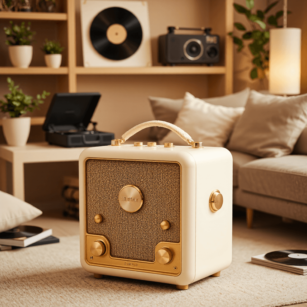 product photography of a portable Bluetooth speaker with a retro design
