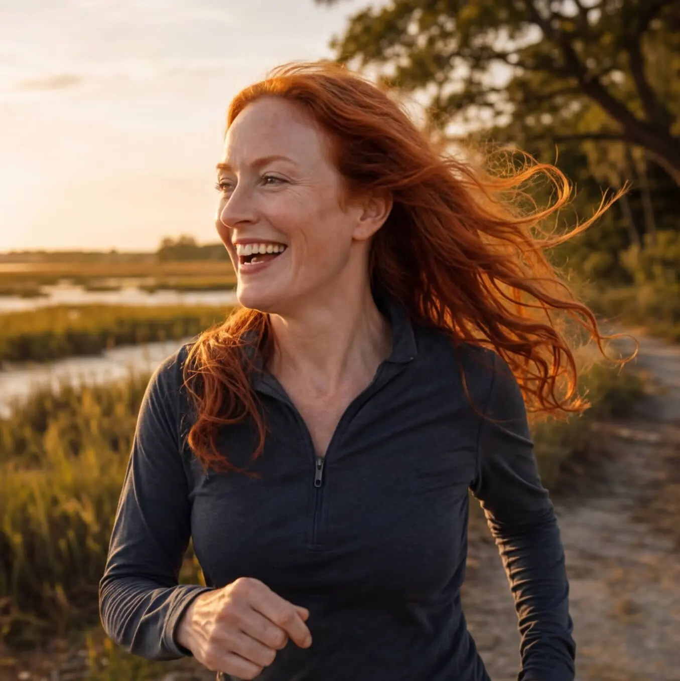 Woman running along Lowcountry marsh trail at golden hour near Charleston, SC — Metabolic Health & Weight Loss at Hero Health & Hormone