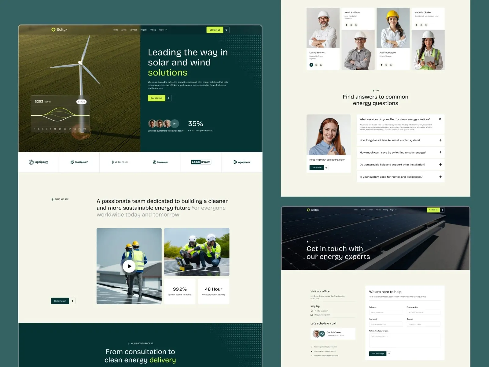 Website design with wind energy theme and team profiles.