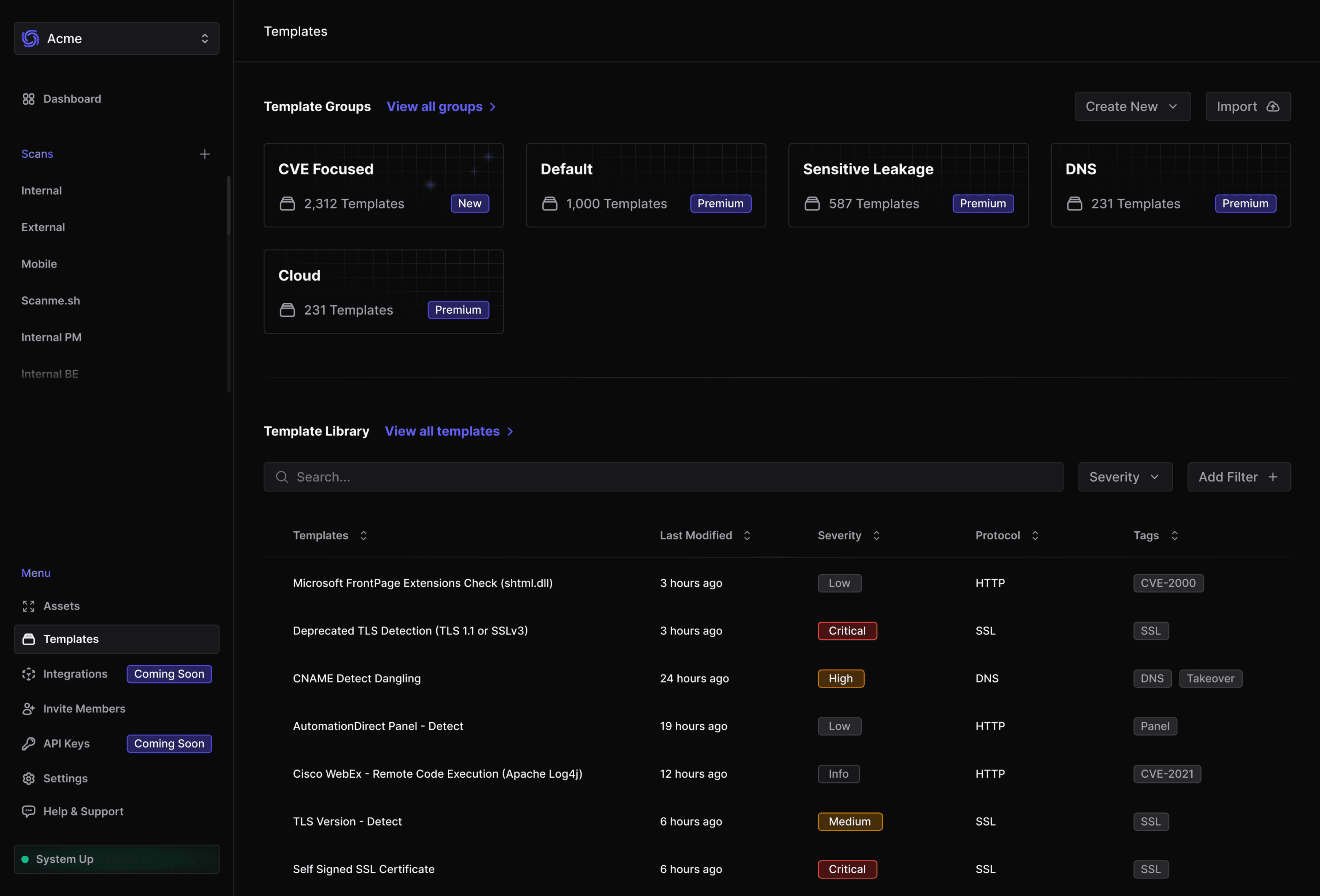 Dashboard view within ProjectDiscovery's cybersecurity software displaying nuclei templates and protocol types (HTTP, SSL, DNS). The image showcases various template tags such as CVE, takeover, panel, and other security tags utilized within nuclei templates. It visually represents the categorization and organization of security templates and protocol types for efficient vulnerability assessment and remediation.