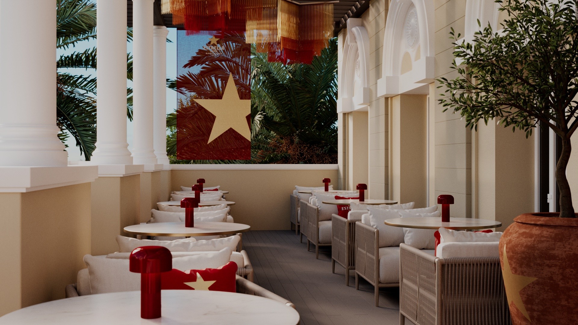 Wide-angle visual of Estrella Terrace summer brand zone from another perspective