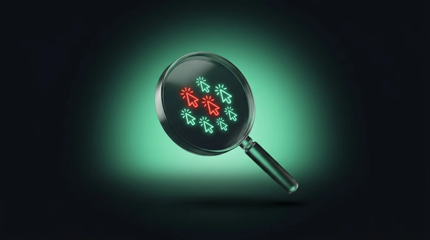 Magnifying glass over a cluster of click-cursor icons, some highlighted red as fraudulent among valid green ones