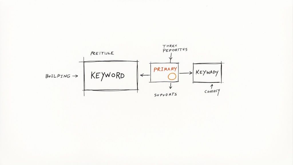 A handwritten diagram illustrates a conceptual flow from 'BUILDING' to 'KEYWORD', 'PRIMARY', and 'KEYWADY'.