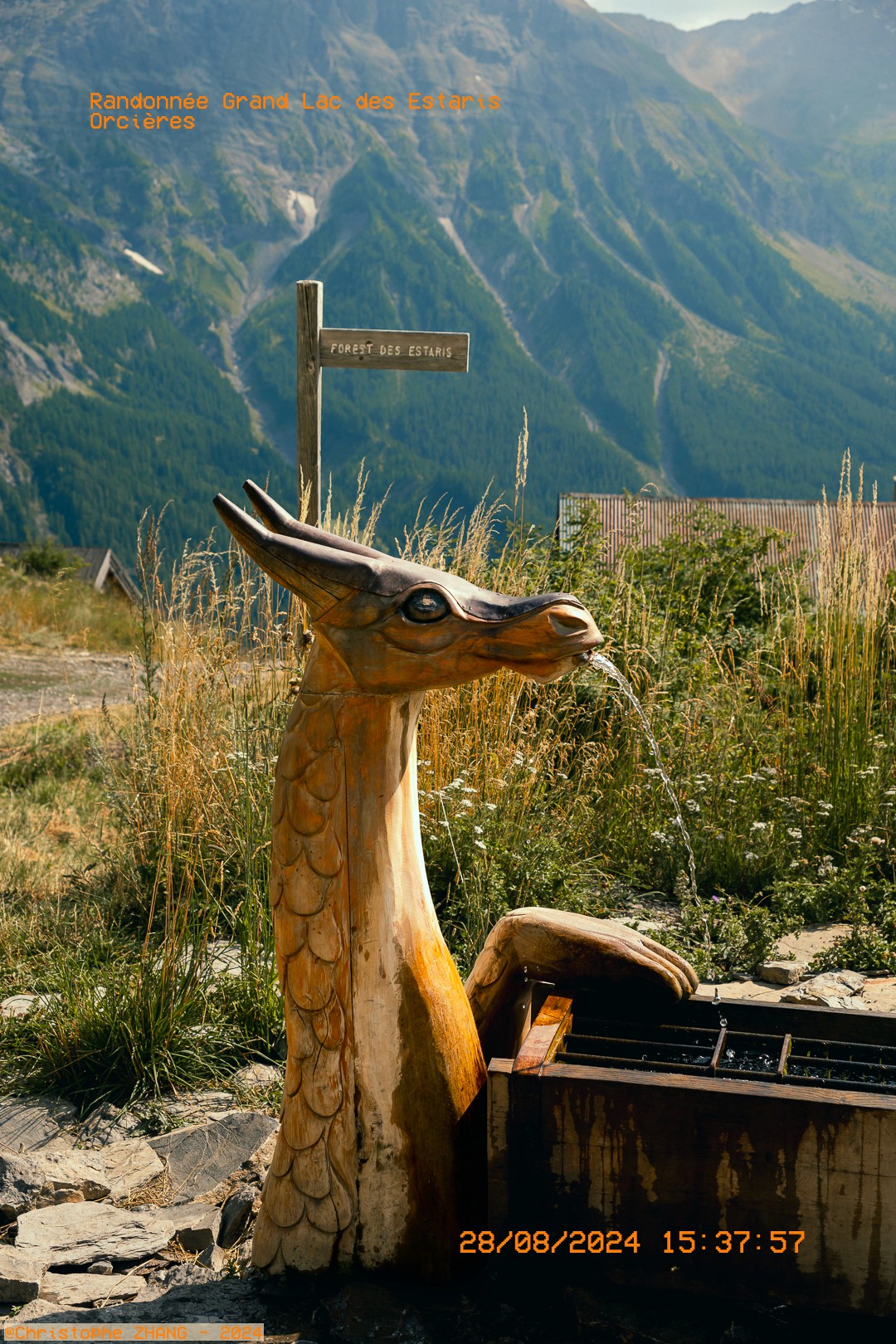 Fontaine en bois sculptée en tête d’animal, au bord du sentier des Estaris.