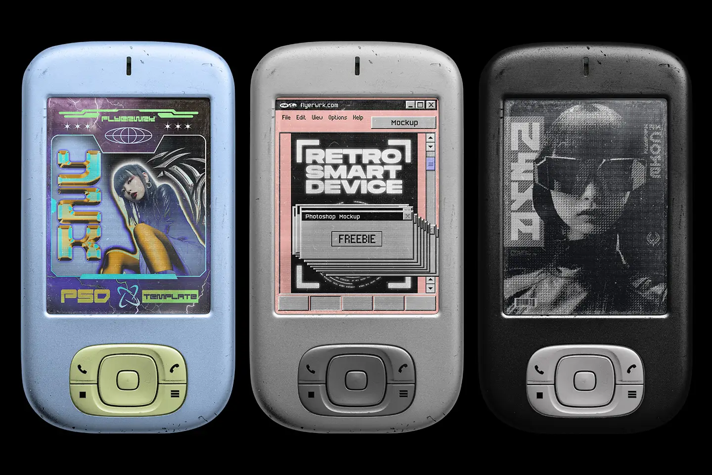 Retro smart device mockup showing early 2000s mobile phone screens with design previews
