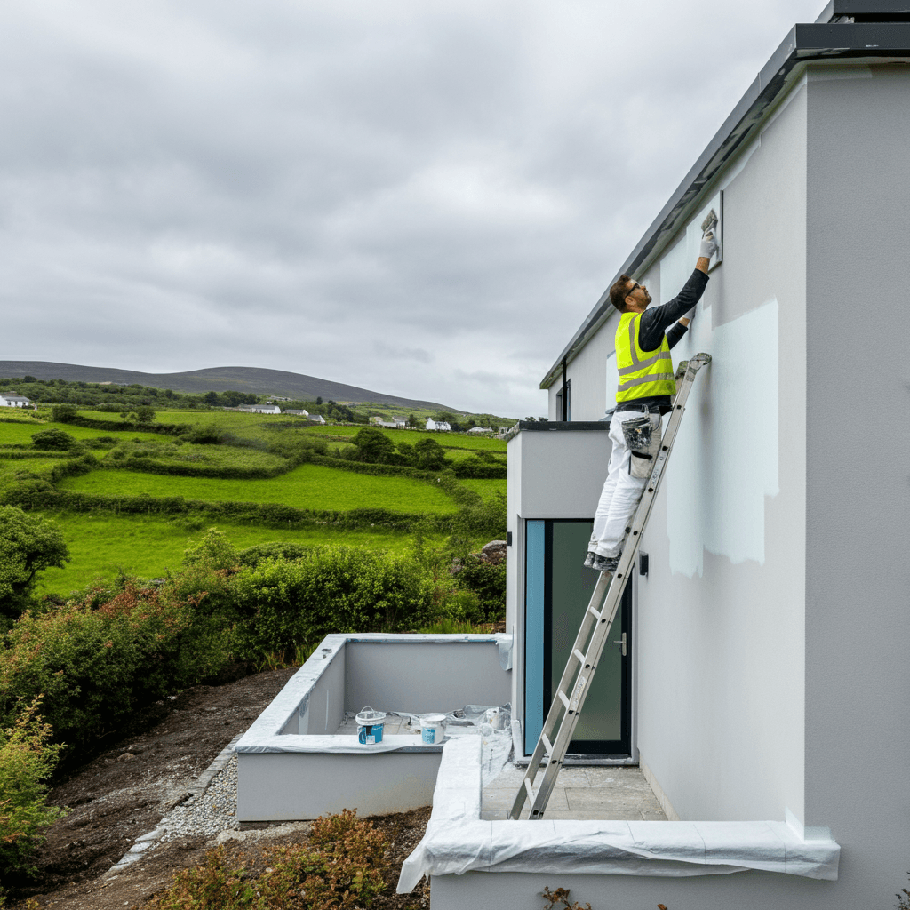 A photorealistic, 1:1 square image of the exterior of a modern, architect-designed house in the Irish countryside being painted. A professional painter in a white uniform and a high-visibility vest is on a ladder, carefully applying a fresh coat of light grey paint to the walls. The scene is set against rolling green hills and a bright, overcast sky, characteristic of Ireland.