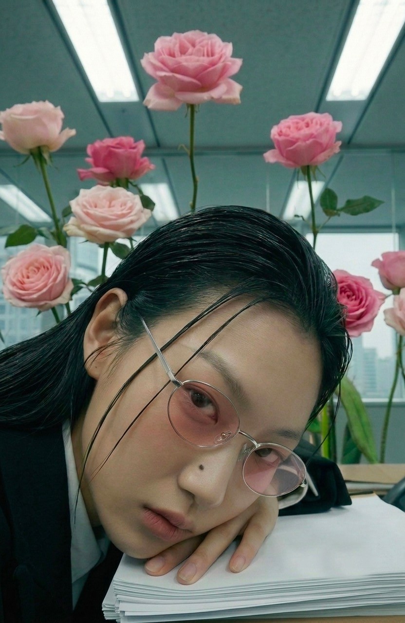 Au bureau, entourée de roses, avec les lunettes nm
