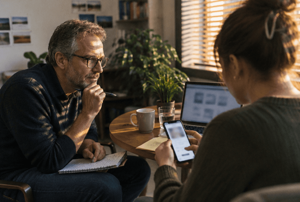 UX researcher observing a user testing a website on a phone and taking notes