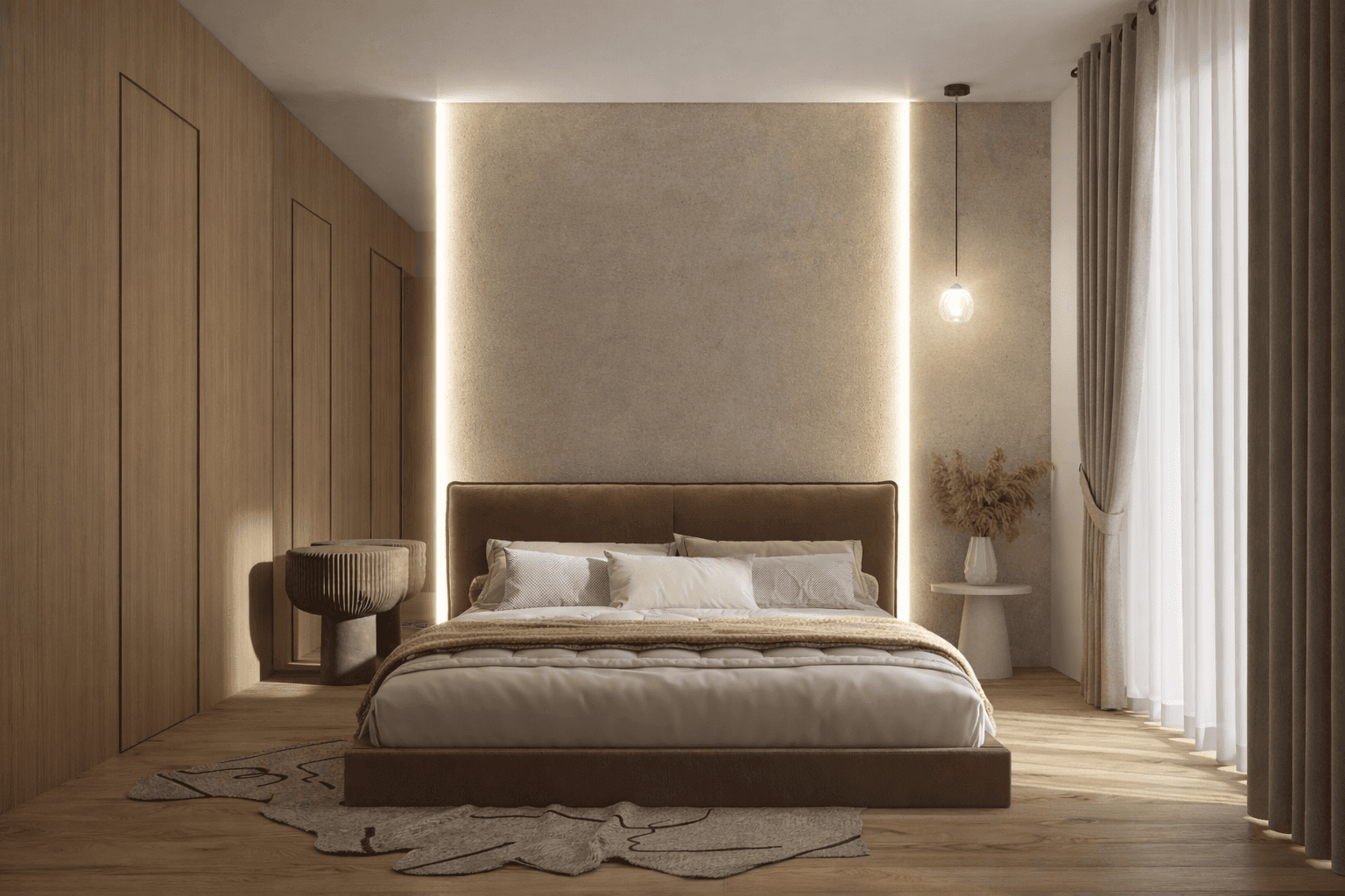 vysvietená moderná spálňa