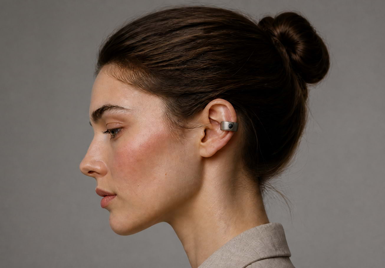 Close-up profile of a woman wearing the Mote titanium ear cuff, overlaid with fine technical measurement lines