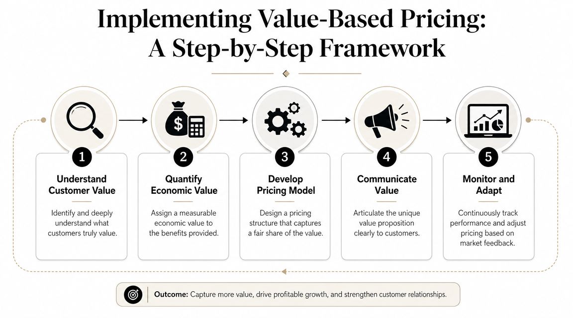 A step-by-step framework diagram illustrating five stages to implement a successful value-based pricing strategy.