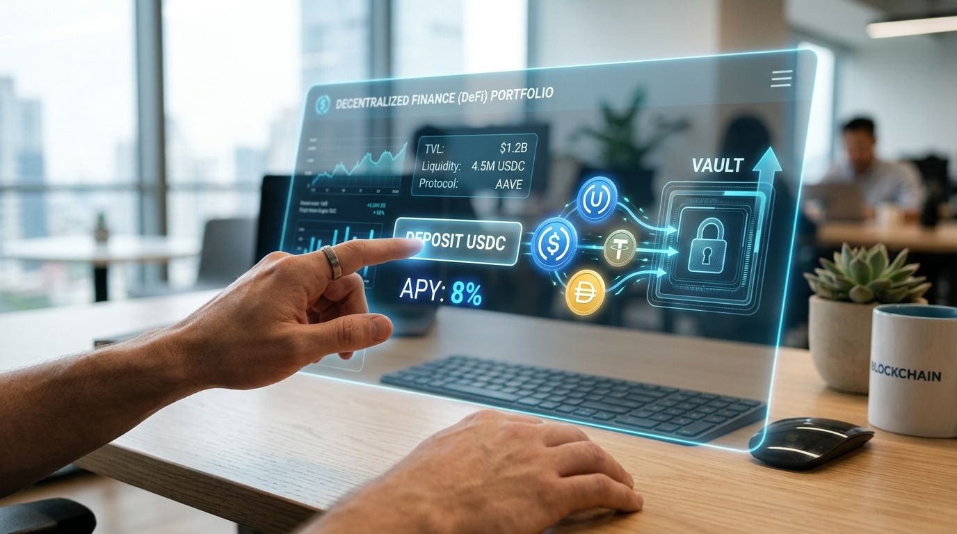A person interacting with a futuristic holographic display for managing decentralized finance and stablecoin investments.